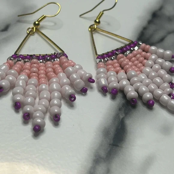 Pink, White & Purple Triangle Fringe Earrings (Gold Frame) - Picture 3 of 3